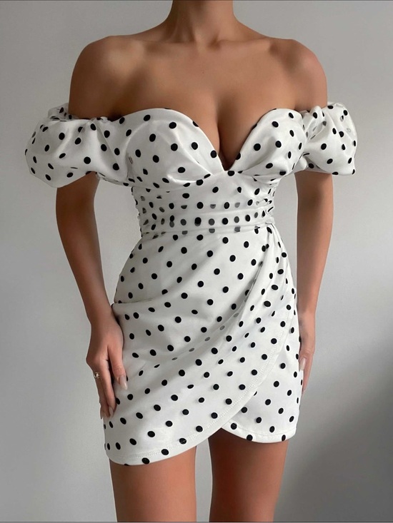 Showpo Dresses & Skirts - Showpo Karine Off-Shoulder White Polka Dot Mini Dress Size US 4 BRAND NEW